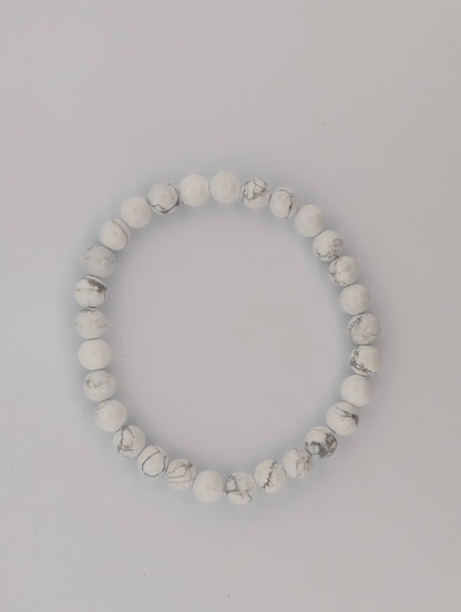 Overhead view of 6mm Howlite round bead stretch bracelet