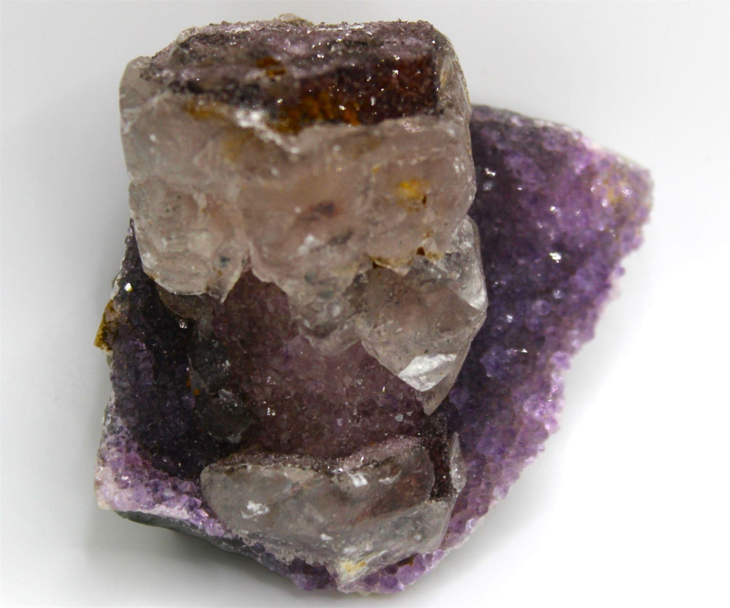 Amethyst on Calcite on Amethyst with Sugar formations. Great piece! Approx. 7 cm x 6 cm