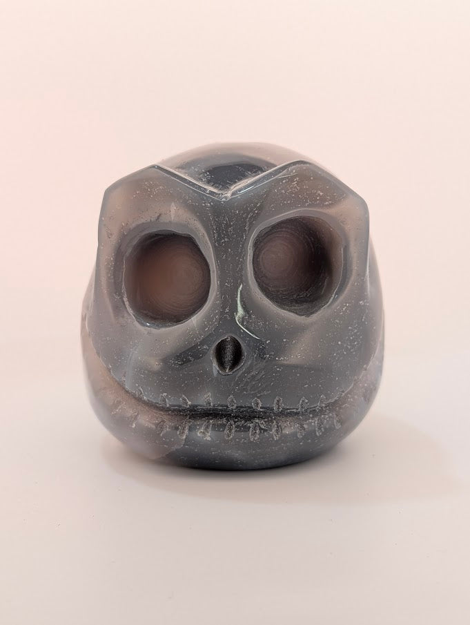 Jack Skellington head carving in Ocean Agate — ~450 g (1 lb), 2.5 in (6.35 cm), fully polished