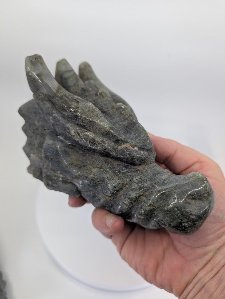 Front/side view of Labradorite Dragon Head Variant B, 1.13kg, smoky grey with flash