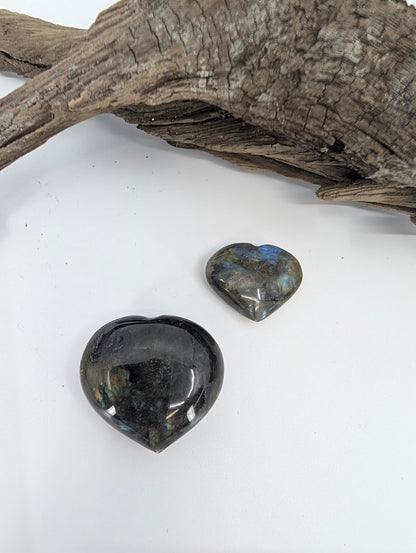 Pair of Labradorite hearts showing blue flash in Small and Medium sizes.