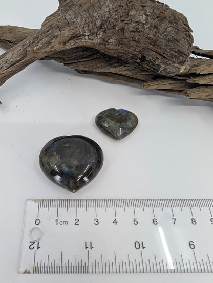 Size measurement of Labradorite hearts showing 2.5cm and 3.5cm widths.