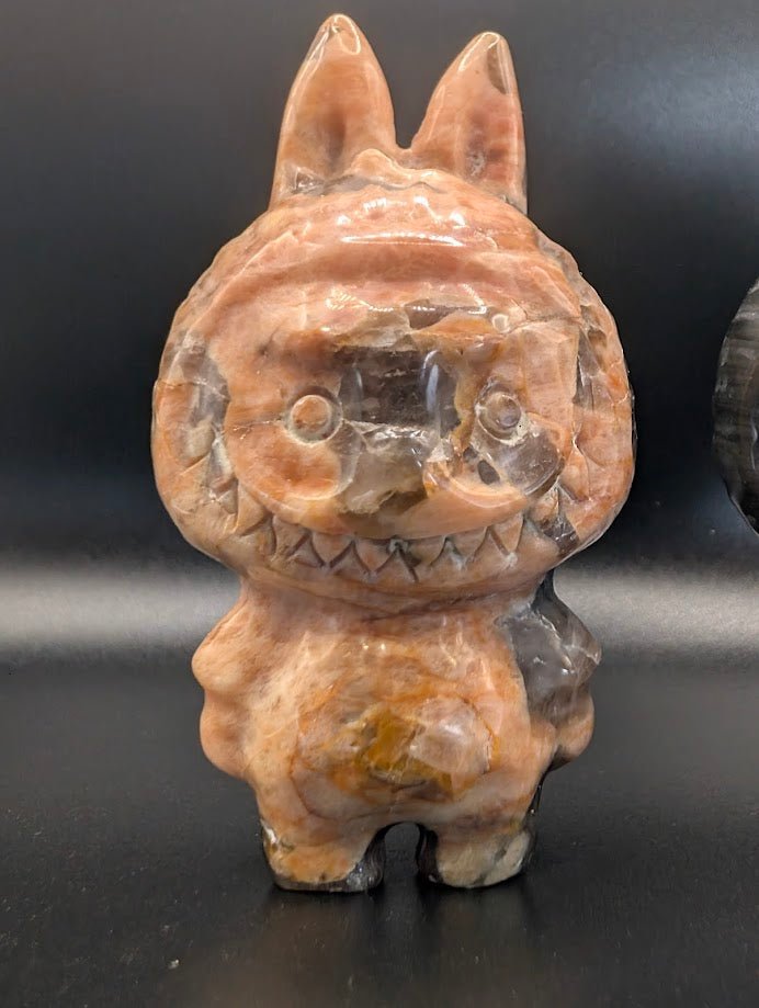 Labubu Carvings 3" – Black Obsidian or Golden Moonstone with Smoky Quartz - Legacy Crystals and Minerals