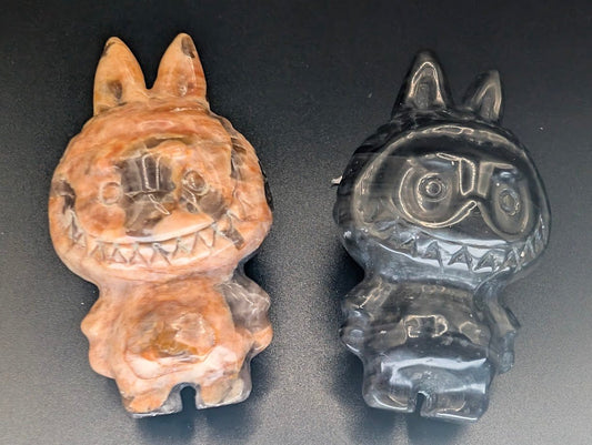 Labubu Carvings 3" – Black Obsidian or Golden Moonstone with Smoky Quartz - Legacy Crystals and Minerals