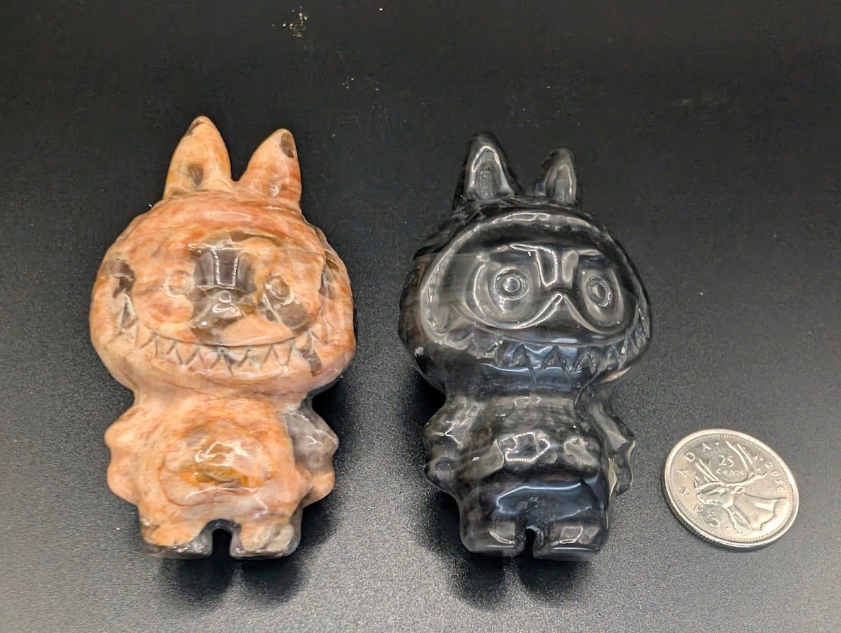 Labubu Carvings 3" – Black Obsidian or Golden Moonstone with Smoky Quartz - Legacy Crystals and Minerals