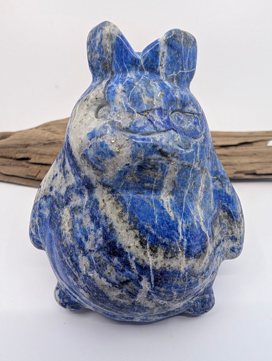 Front view of a 445g Lapis Lazuli Totoro featuring deep blue color and golden pyrite flecks.