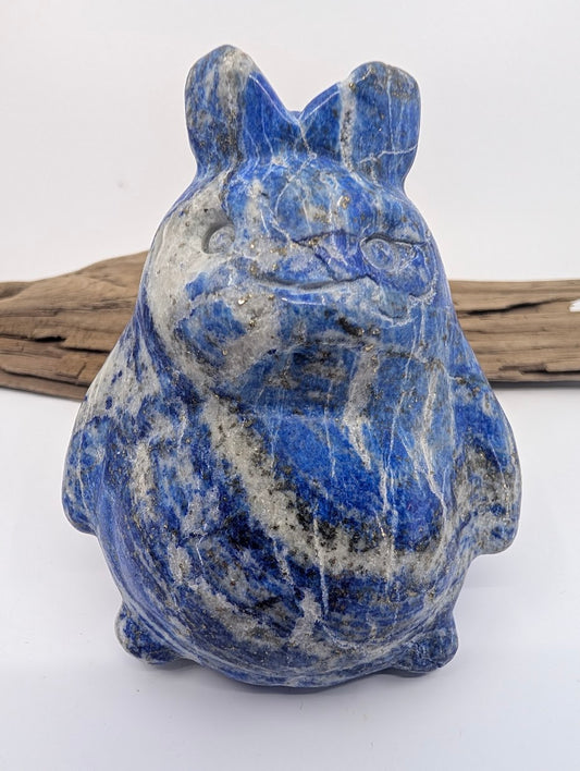 Front view of a 445g Lapis Lazuli Totoro featuring deep blue color and golden pyrite flecks.