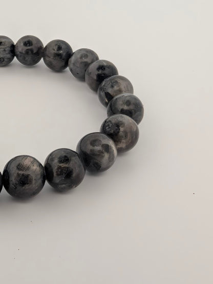 Macro side view of Larvikite bracelet highlighting grey tones and sheen