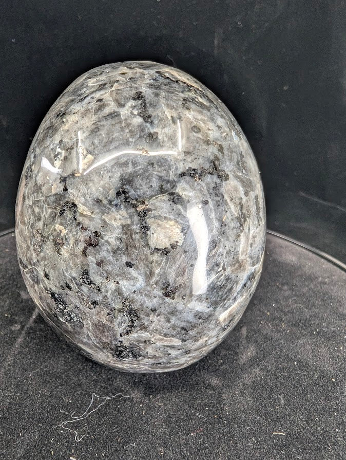 Back view of Larvikite skull with dark feldspar and natural inclusions