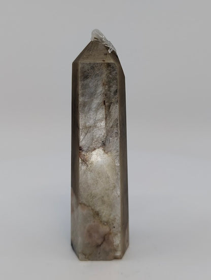 Front view of Golden Mica tower on quartz–calcite matrix from Hubei, China