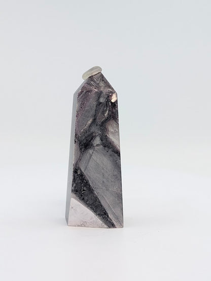 Front view of Lepidolite (Purple Mica) tower from Minas Gerais Brazil – 95 g polished crystal