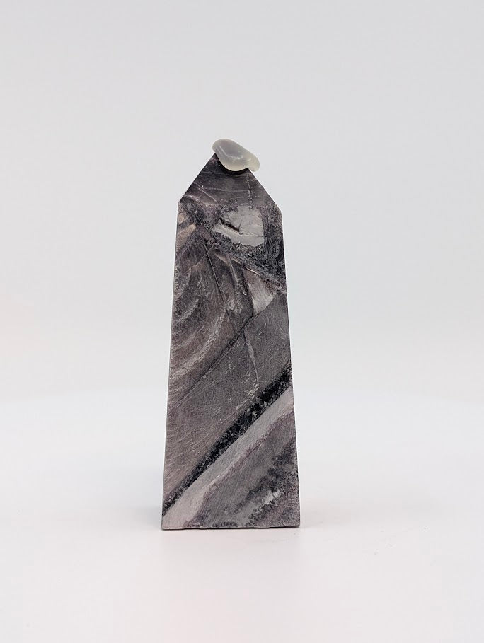 Right-side view of polished Lepidolite tower – Minas Gerais Brazil – reflective mica surface