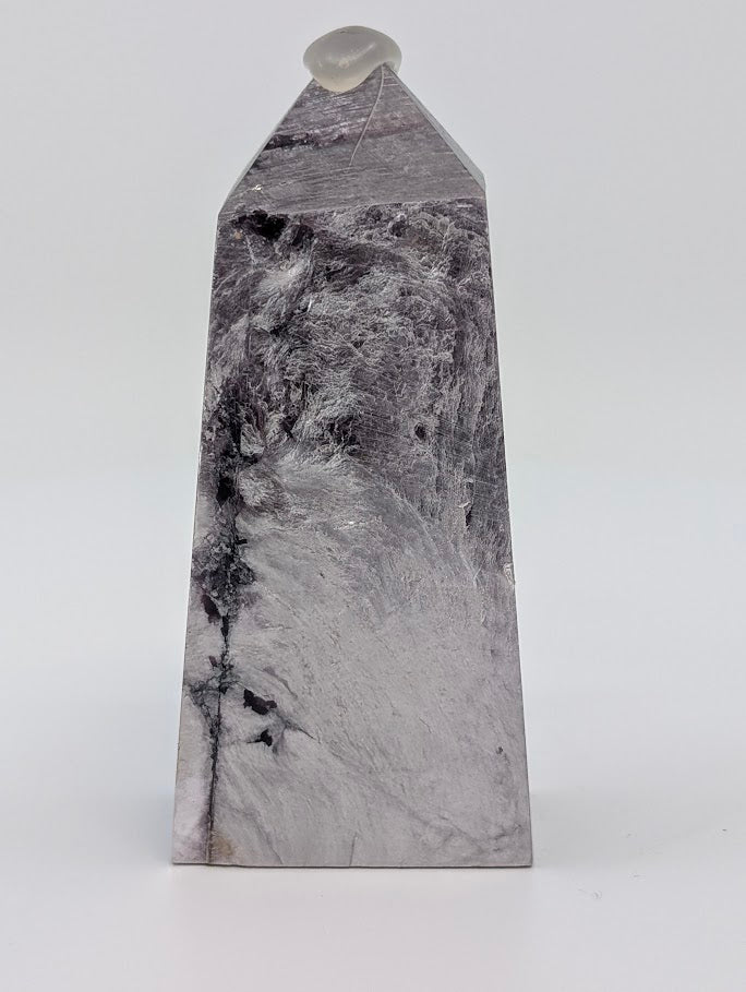 Front view of Lepidolite (Purple Mica) tower from Minas Gerais Brazil – 95 g polished crystal showing lavender-silver mica texture