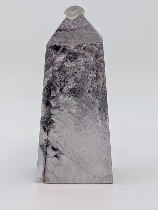 Front view of Lepidolite (Purple Mica) tower from Minas Gerais Brazil – 95 g polished crystal showing lavender-silver mica texture