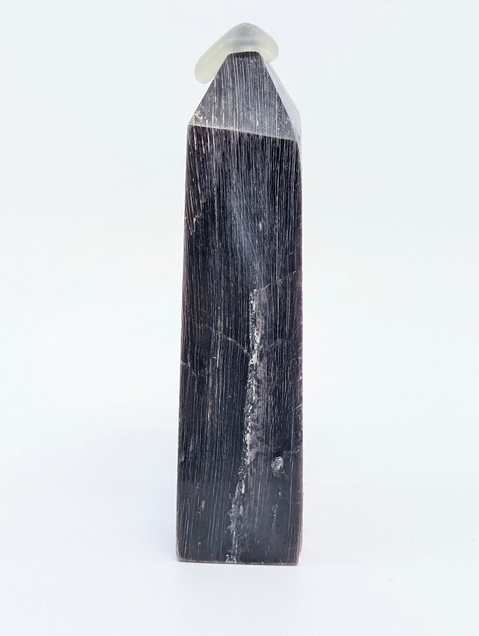 Right-side view of polished Lepidolite tower – Minas Gerais Brazil – reflective mica surface