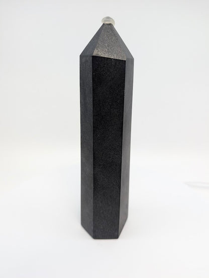 Polished Shungite tower from Karelia Russia – 500g carbon-rich black mineral