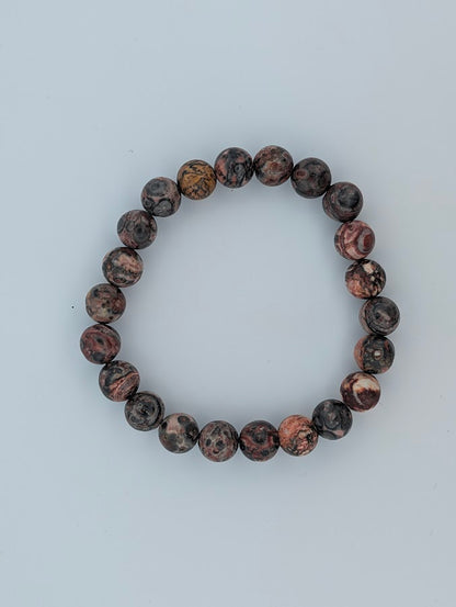 Top view of Leopard Skin Jasper stretch bracelet, matched 8MM beads