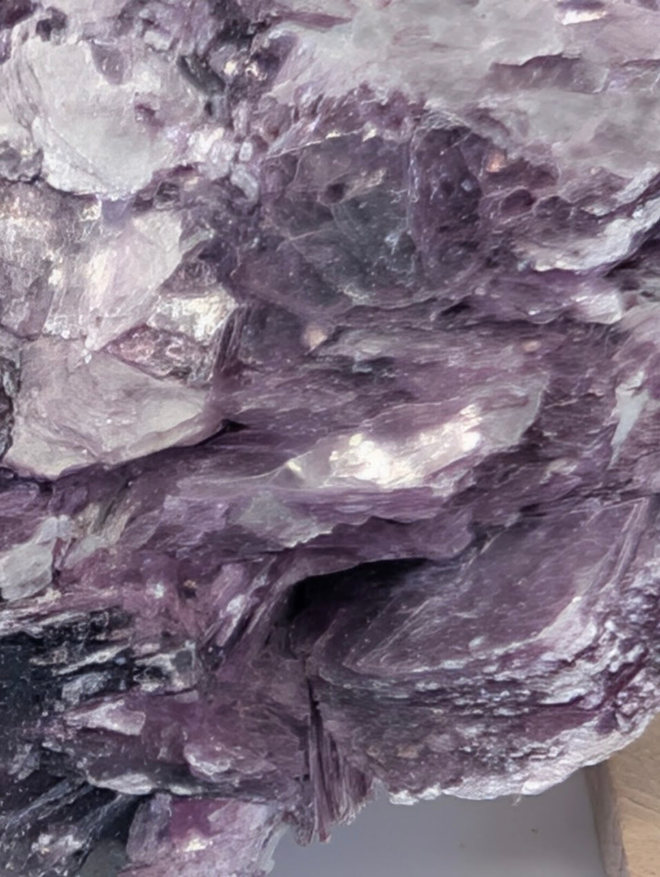 Macro close-up of purple Lepidolite mica showing pearly luster and delicate basal cleavage planes.