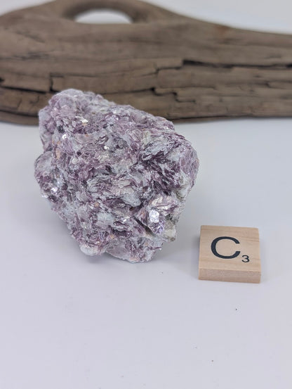 Elongated Lepidolite specimen featuring high-flash micaceous plates and vibrant lilac color.