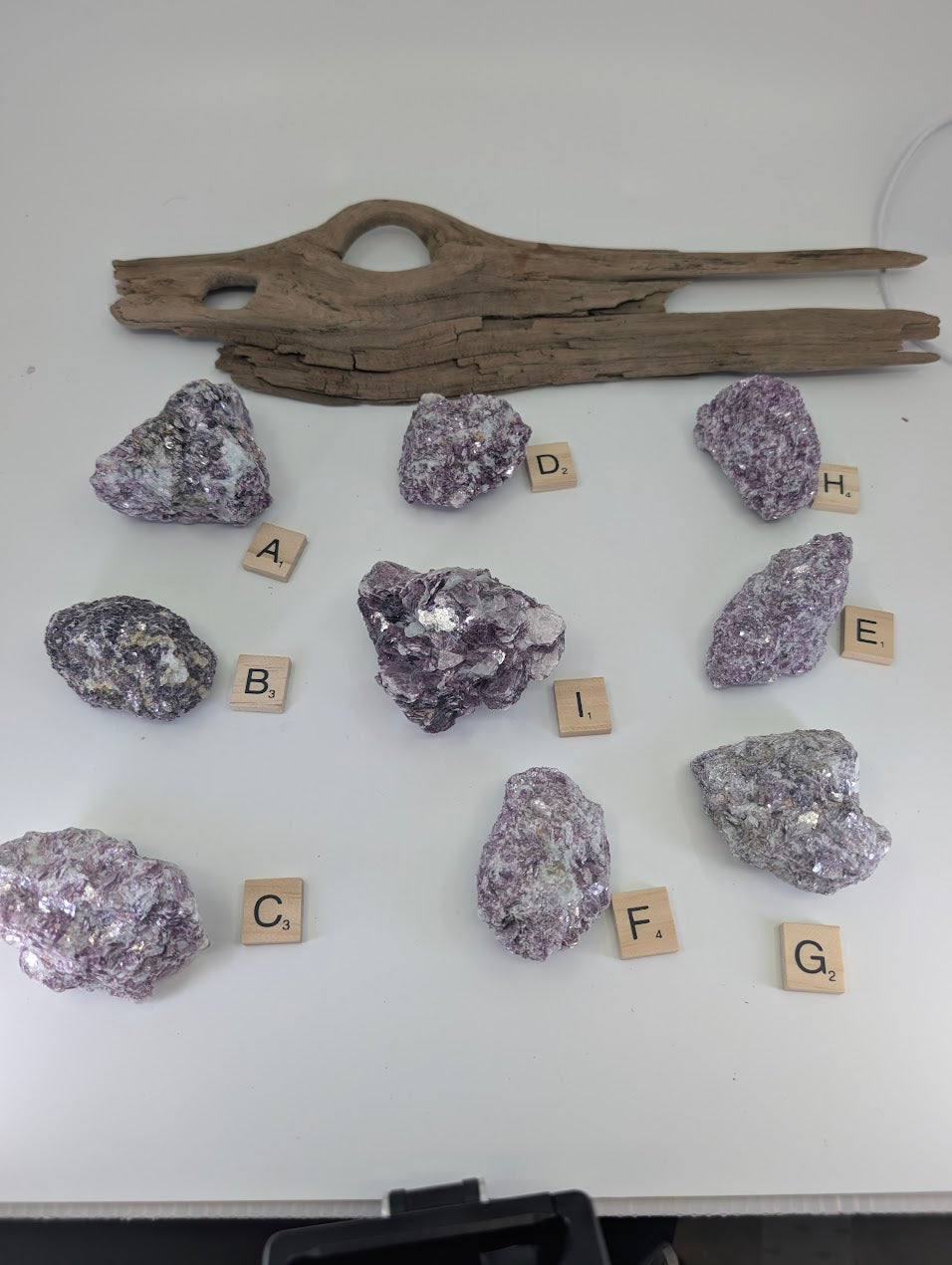 Group display of nine raw Lepidolite mica specimens labeled A through I for individual selection.