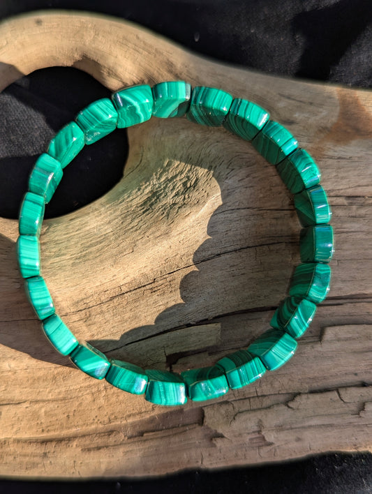 Top-down view of a polished banded malachite segmented bracelet showcasing natural green concentric patterns.