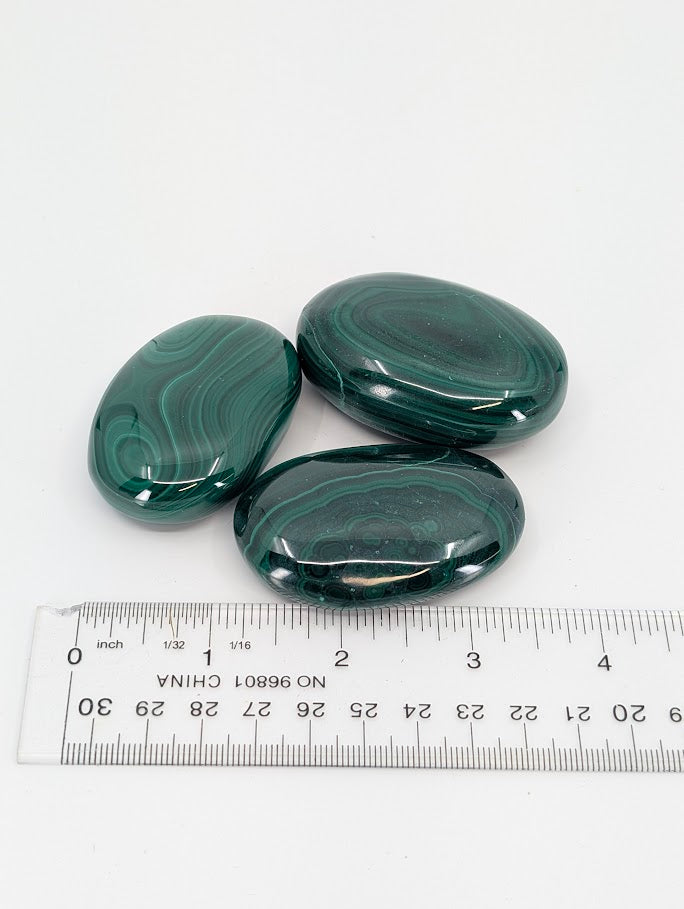 Malachite Palm Stones with ruler for size reference