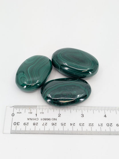Malachite Palm Stones with ruler for size reference