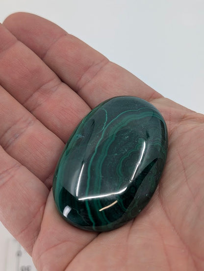 Malachite Palm Stone in hand showing luster and detail