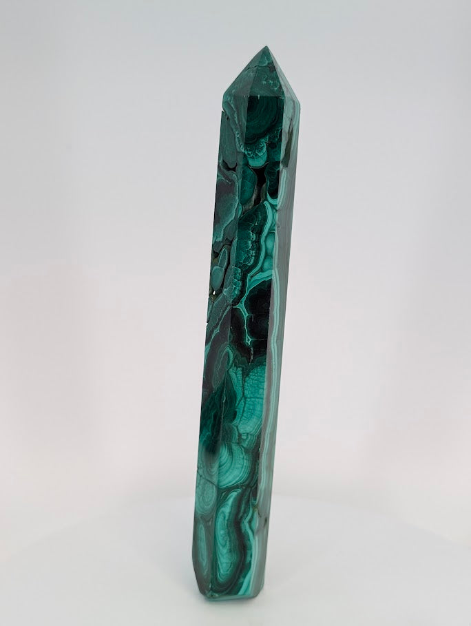 Polished Malachite tower – side profile with concentric patterning