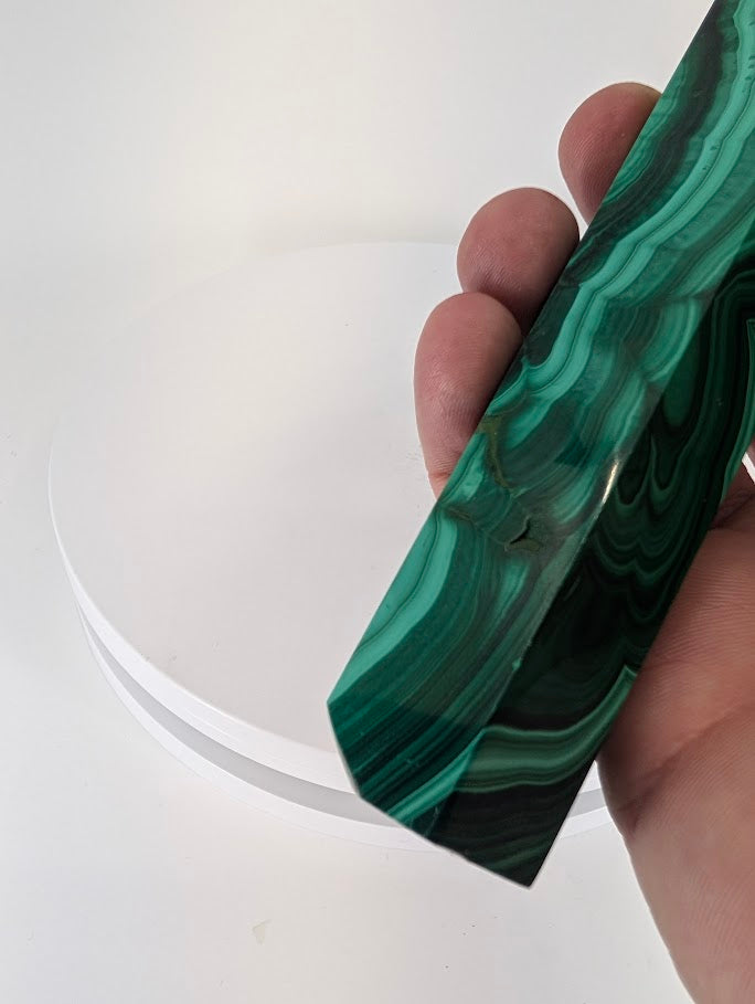 Malachite tower – in-hand scale and depth of color
