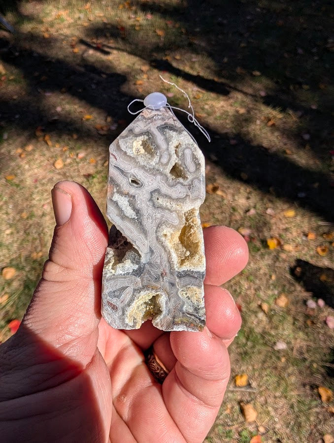 Mexican Lace Agate Tower #2 front view — 68 mm polished tower with lace banding and quartz vugs