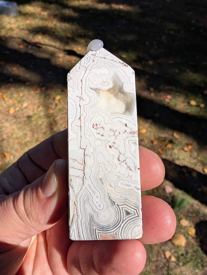 Mexican Lace Agate Tower #5 back view — delicate lace patterns and subtle iron-oxide accents