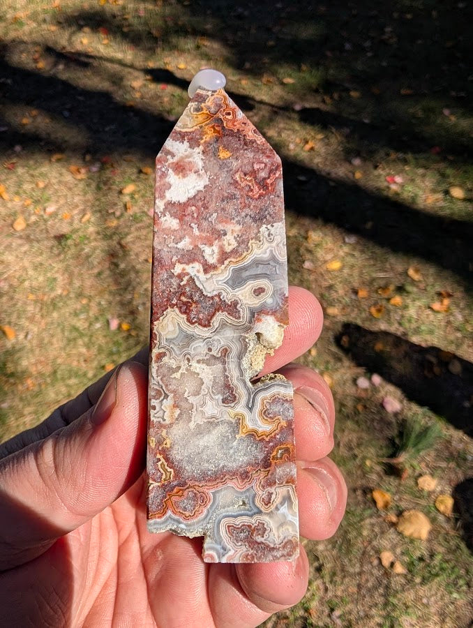 Mexican Lace Agate Tower #6 cavity view — large natural open vug corridor with exposed matrix and druzy