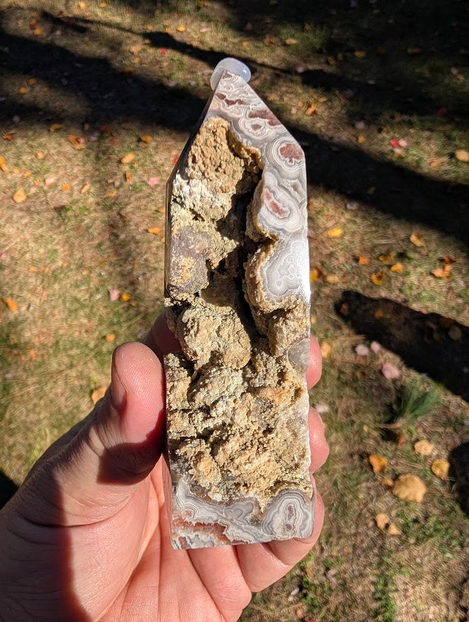 Mexican Lace Agate Tower #6 front view — 105 mm polished banded chalcedony with red–grey lace patterns