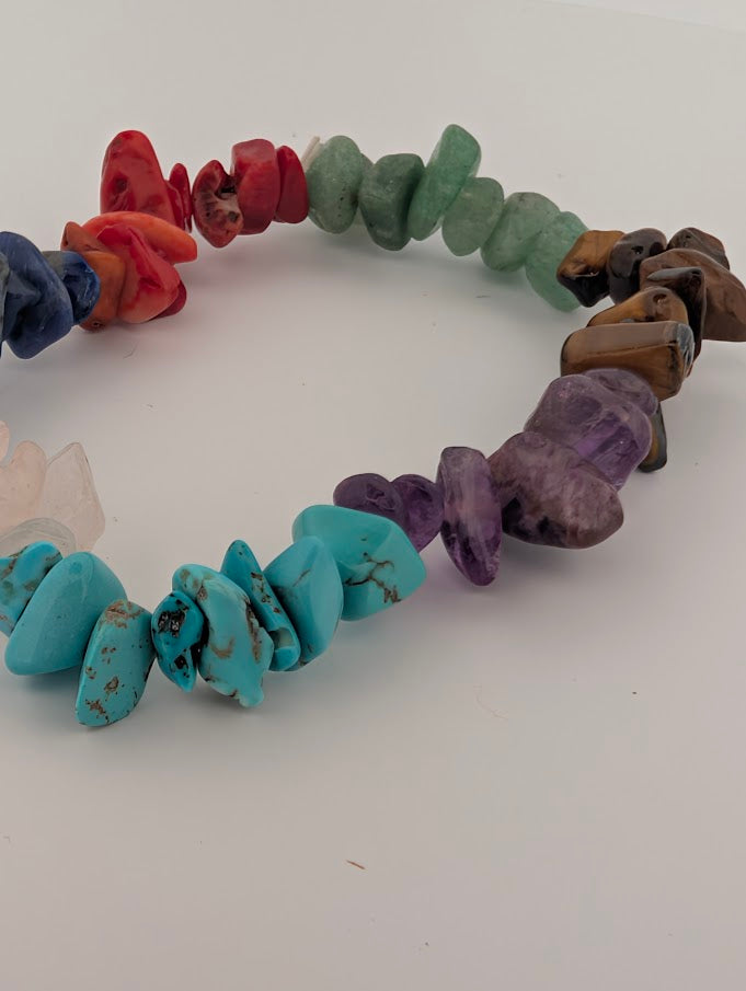 Detail of red dyed chips and turquoise-coloured dyed howlite beside amethyst and aventurine