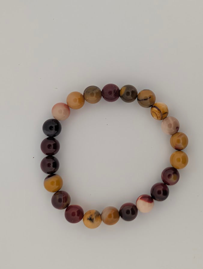 Top view of Mookaite Jasper 8MM round bead bracelet