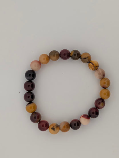 Top view of Mookaite Jasper 8MM round bead bracelet