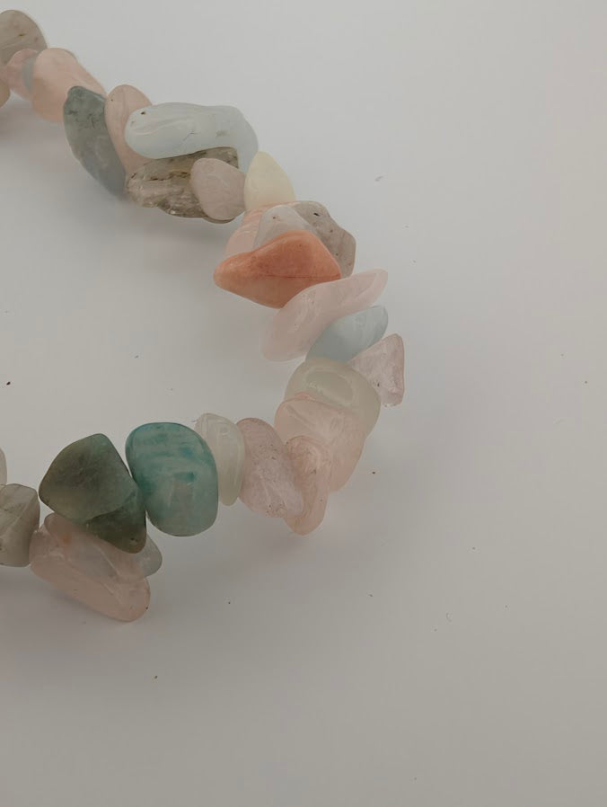 Detail of morganite chip bracelet showing varied shapes and colors