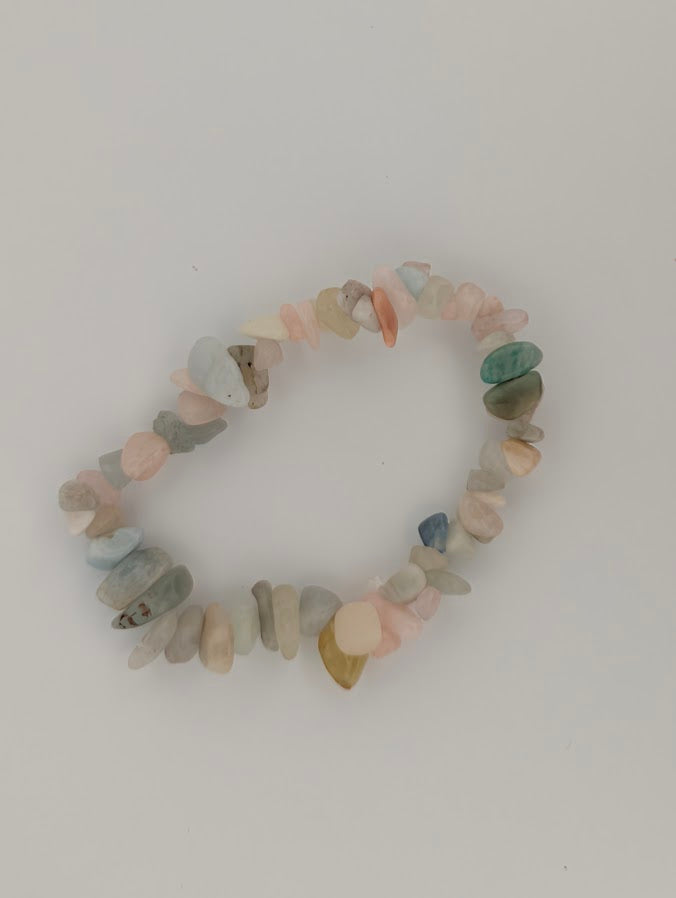 Top view of morganite chip bracelet with soft watery translucence