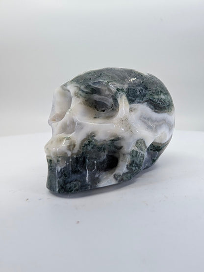 Moss Agate crystal skull carving – 41mm hand-carved natural stone – Legacy Crystals and Minerals