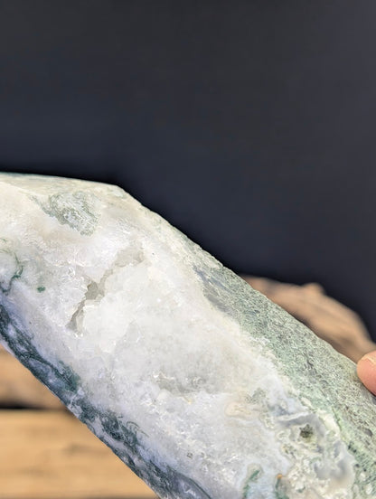 Macro photograph of a natural druzy quartz pocket within a Moss Agate specimen.