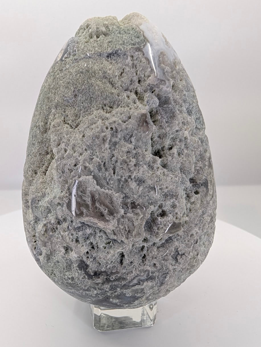 Back view of a polished moss agate egg highlighting natural cavities and texture