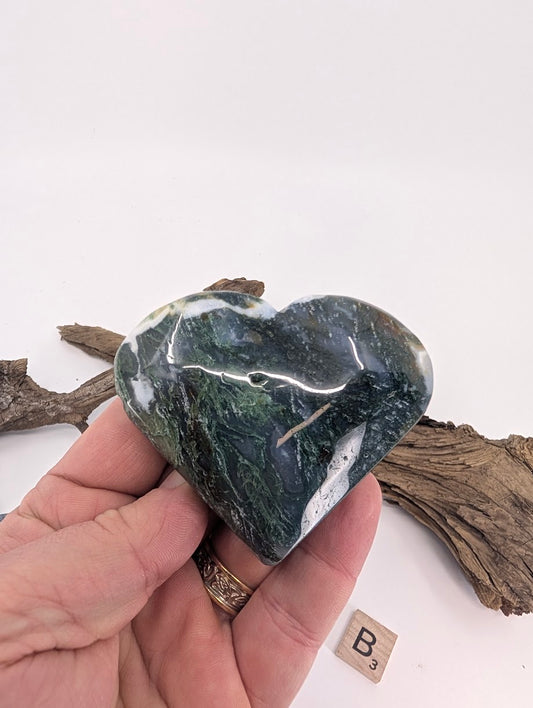 Dark green Moss Agate heart Specimen B with high gloss polish.