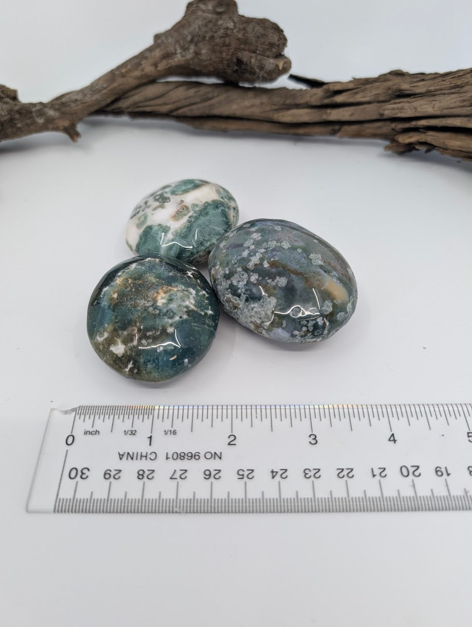 Moss Agate palm stone showing translucent chalcedony with organic green patterning