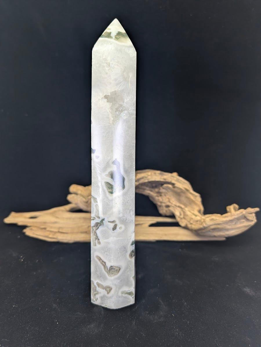 Back view of tower MA-01 showing high translucency and misty white chalcedony sections.