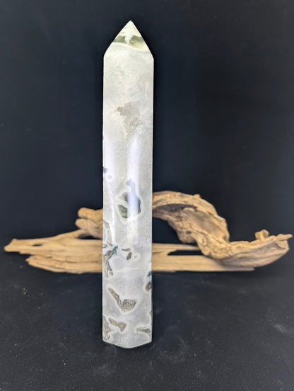 Back view of tower MA-01 showing high translucency and misty white chalcedony sections.