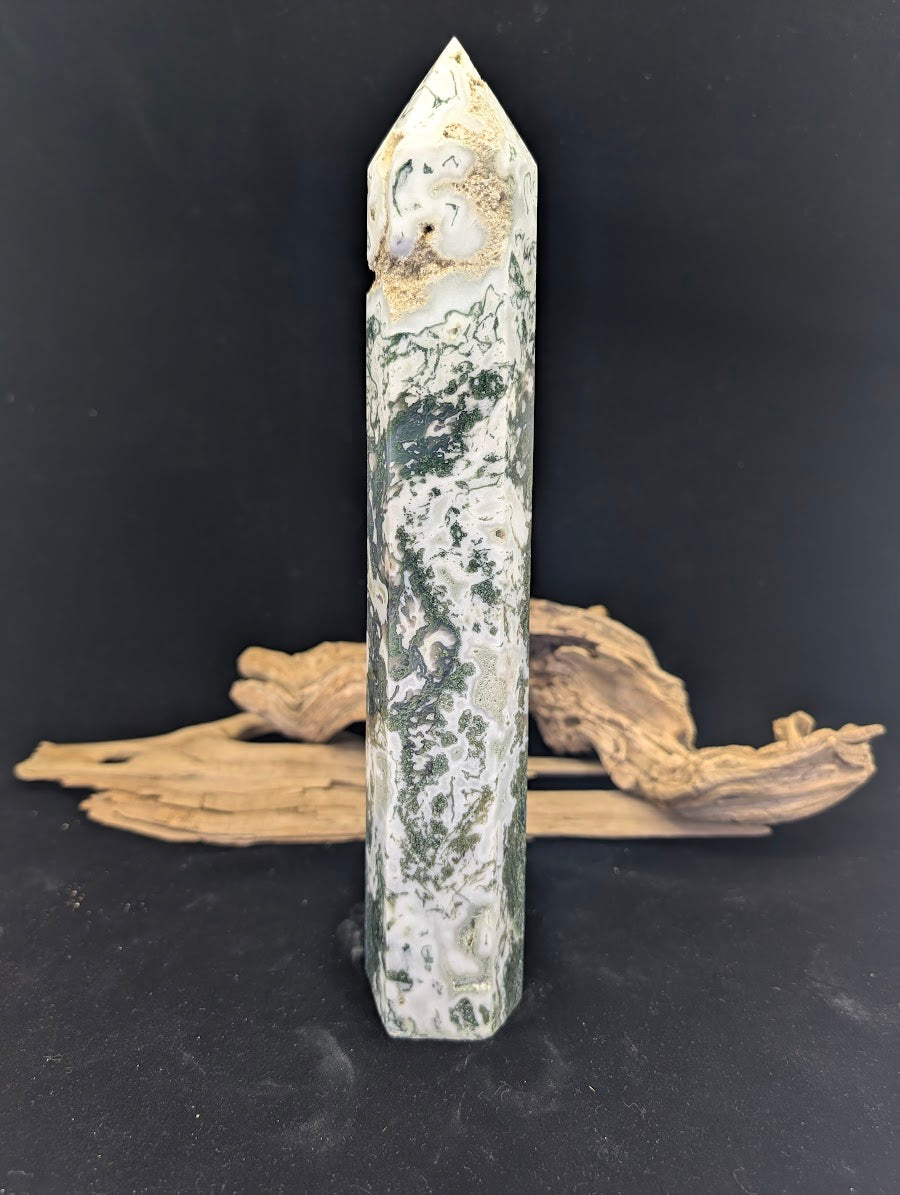 Exact-piece MA-02 Moss Agate tower with dense, vibrant green dendritic inclusions and high-gloss polish.