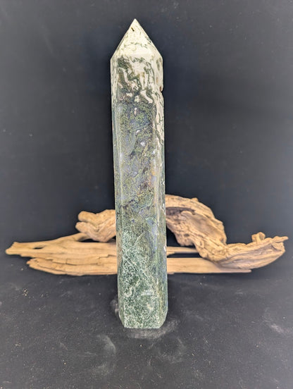 Exact-piece MA-02 Moss Agate tower featuring a minimalist landscape style with sparse green plumes.