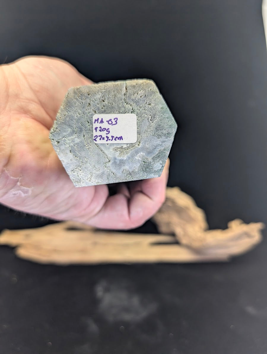 Base of Moss Agate tower MA-03 showing weight and dimensions for inventory tracking.