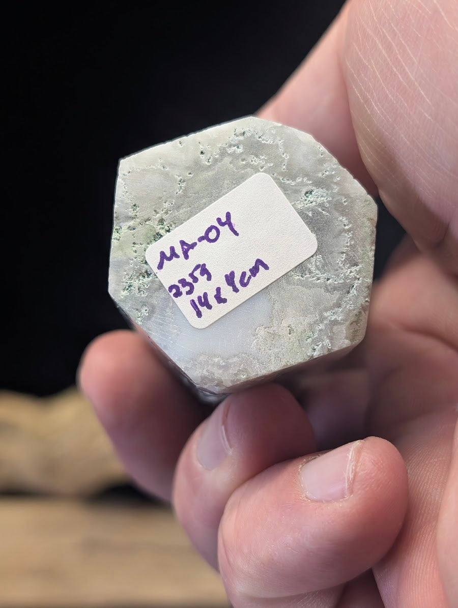Base view of the smaller Moss Agate tower MA-04 with ID and weight label.